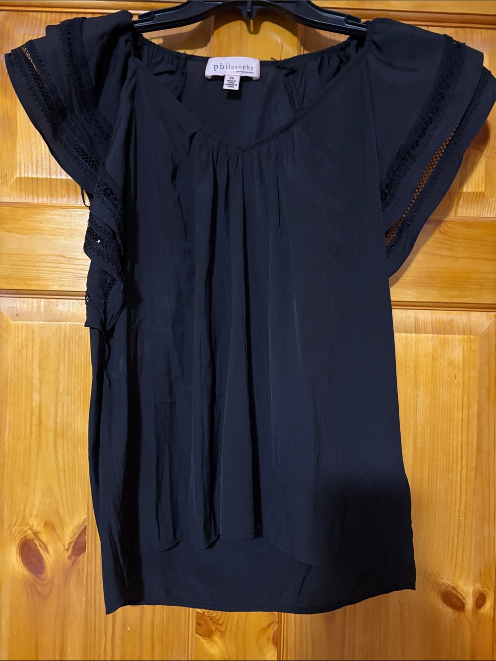 Philosophy Black Lace-Trim Flutter Sleeve Top